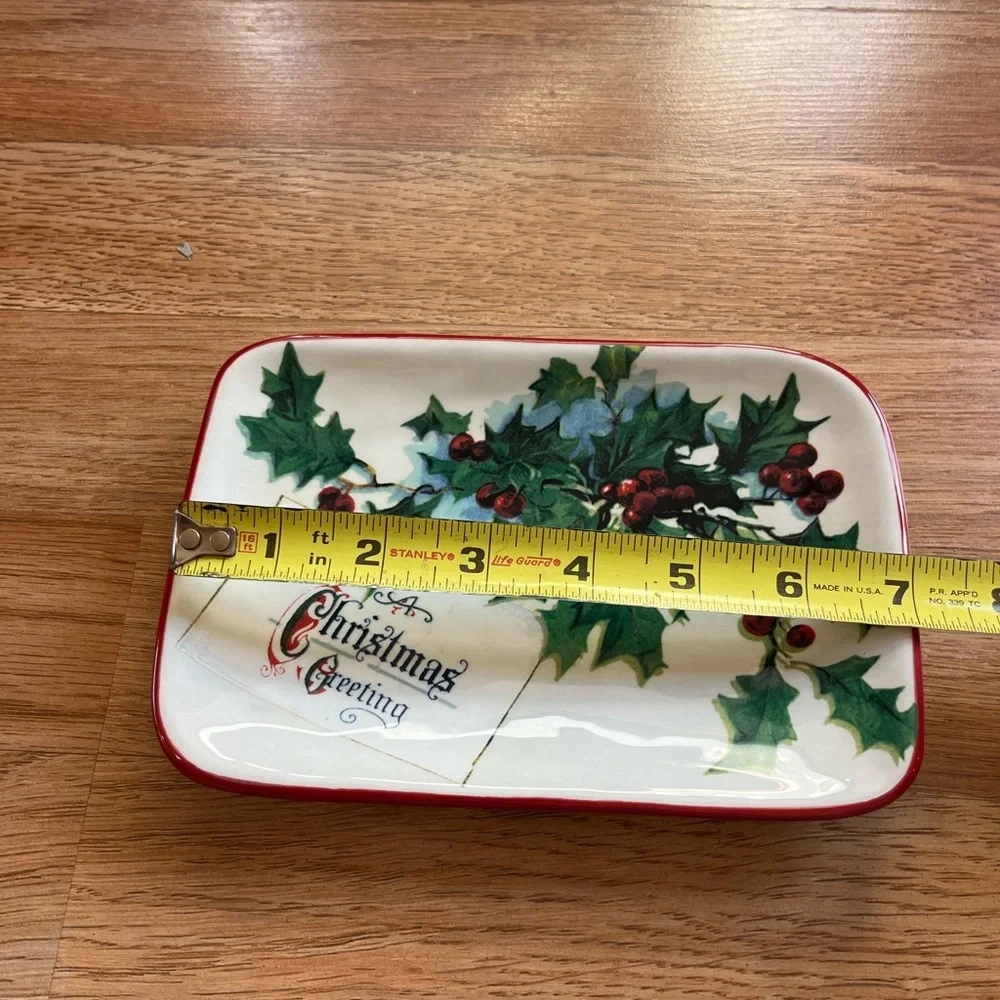 Williams Sonoma 2012 Vintage Christmas Postcard Plates Set Of 4 Holly 7×5 Tray